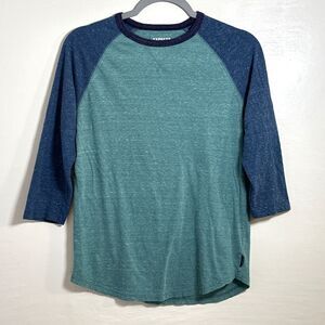 Express Men’s 3/4 Sleeve Tee Shirt Size XS Green & Blue Soft Baseball Style